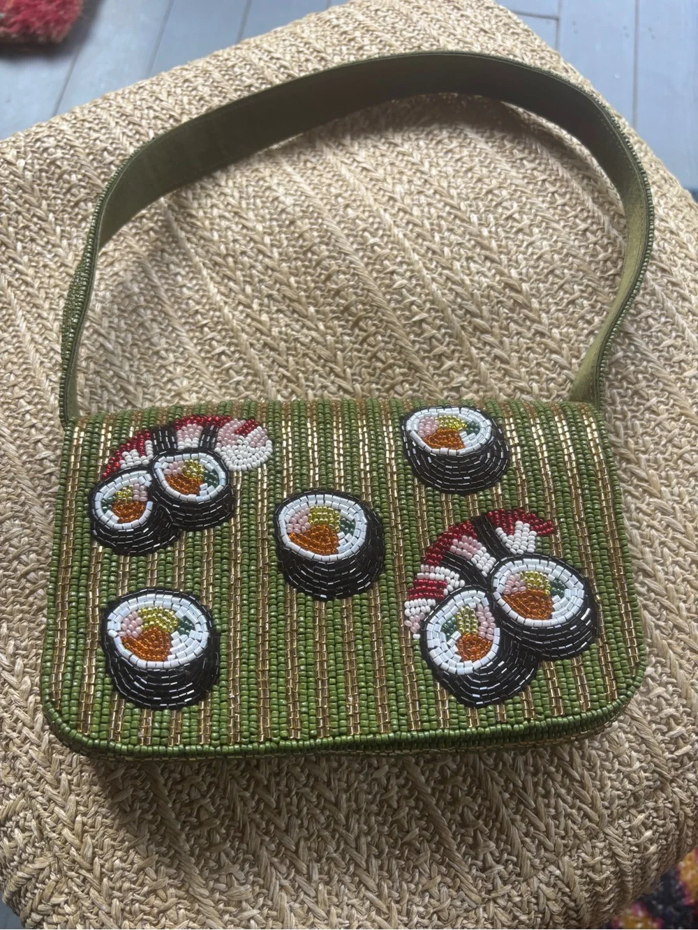 Viral Tik Tok Beaded Sushi Motif Green Bag, rare, NWT, made in India - Picture 1 of 5